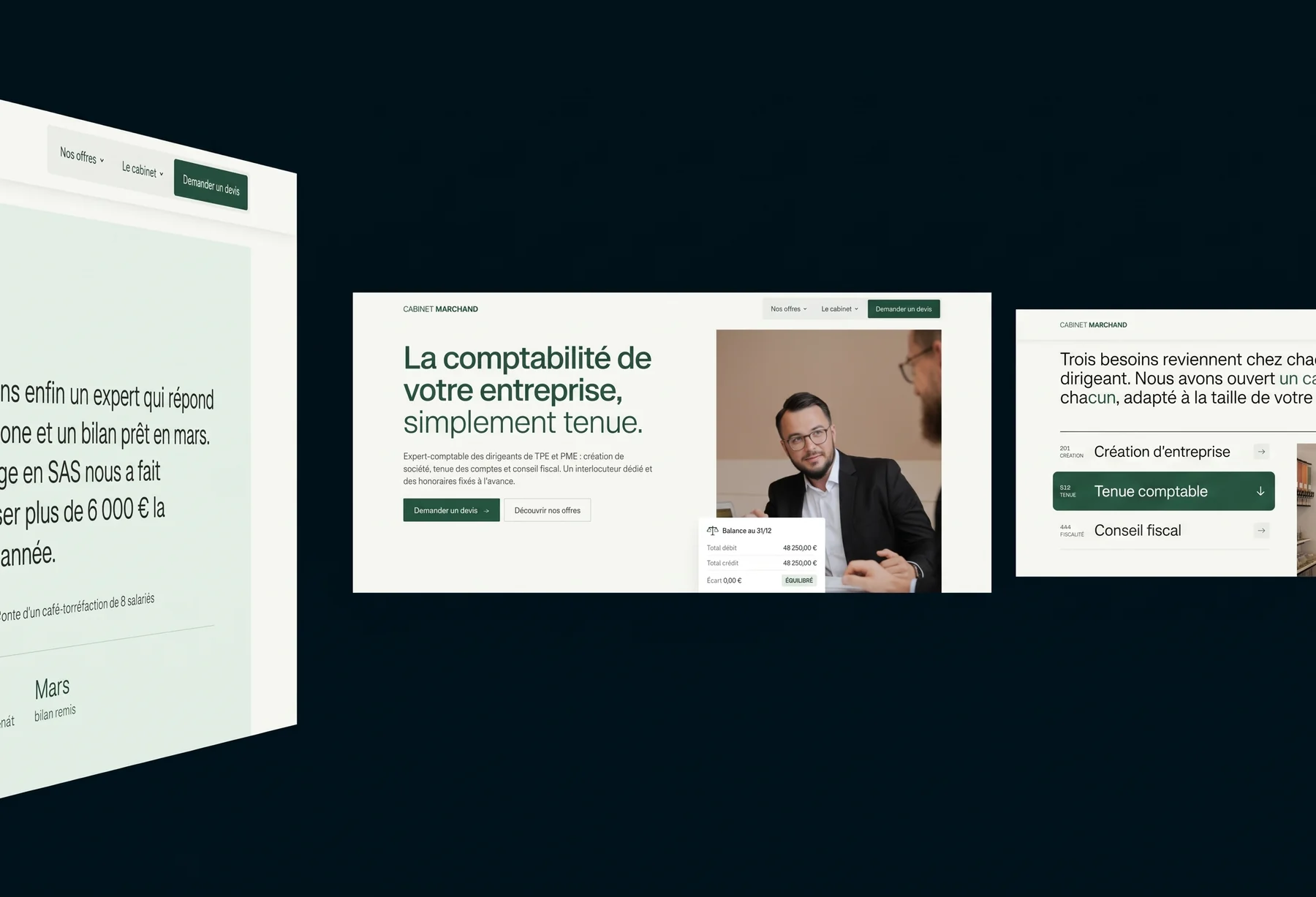 Pages du site internet d'un cabinet d'expertise comptable réalisé par id visual : accueil, offres, création d'entreprise
