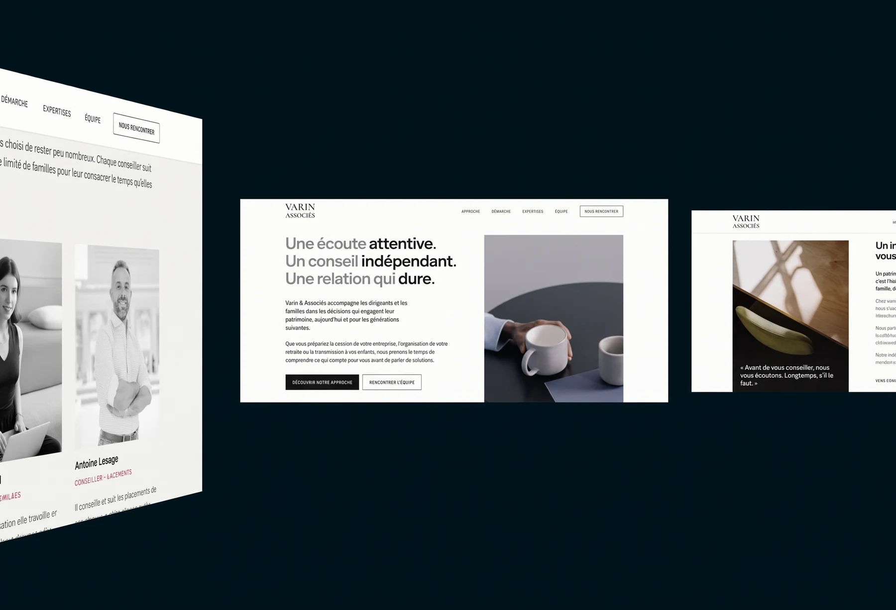 Pages du site internet d'un cabinet de gestion de patrimoine réalisé par id visual : accueil, équipe, approche